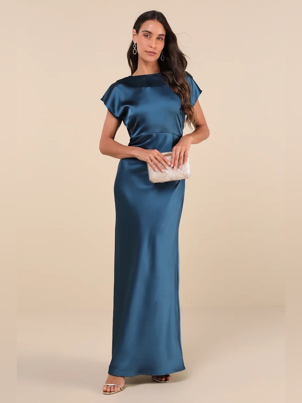 Lulus Captivating Presence DARK
TEAL Satin Cowl Back Maxi Dress 1x NWOT